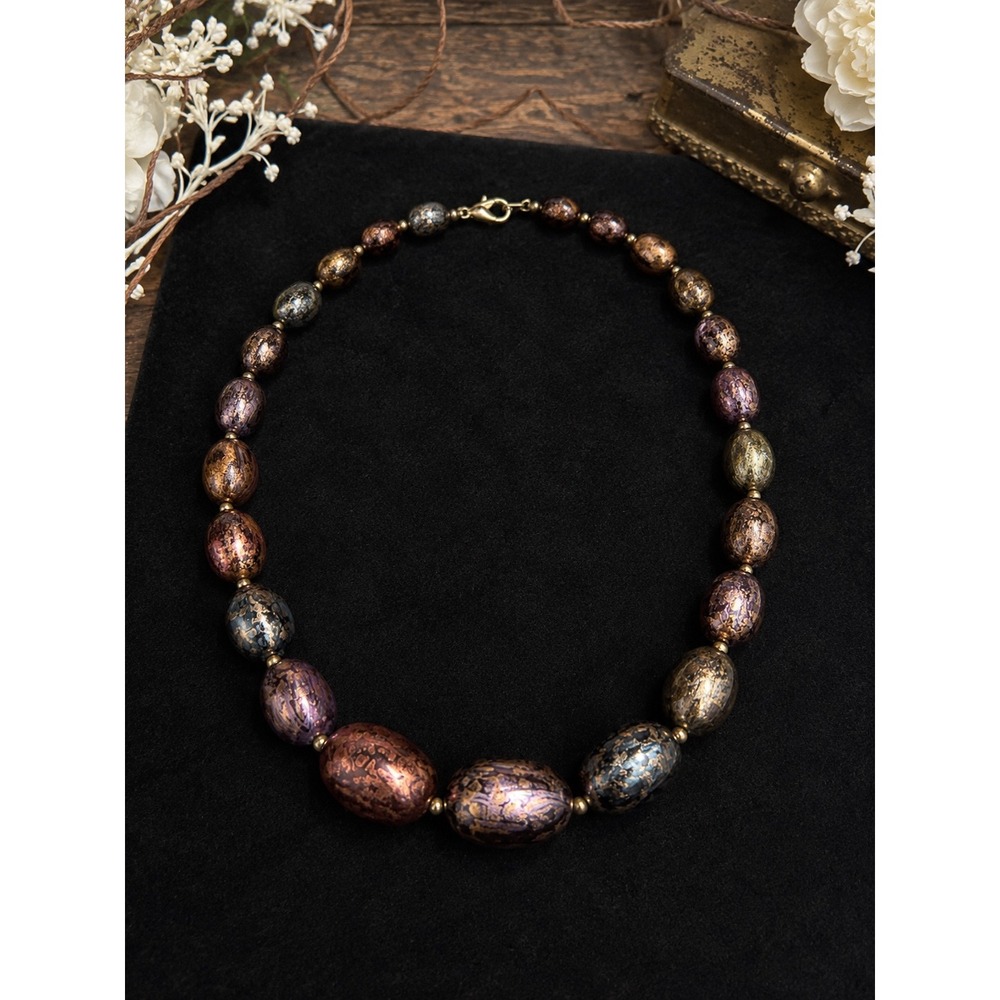 Boho Luxe Metallic Multicolor Oval Beaded Necklace Bronze Purple Gold 28" Glam